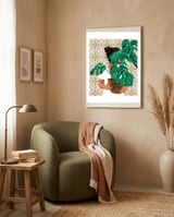 Monstera Plant Lady | Modern Bohemian Morocco Decor | Tropical Botanical Tiles framed in a tender room thumbnail