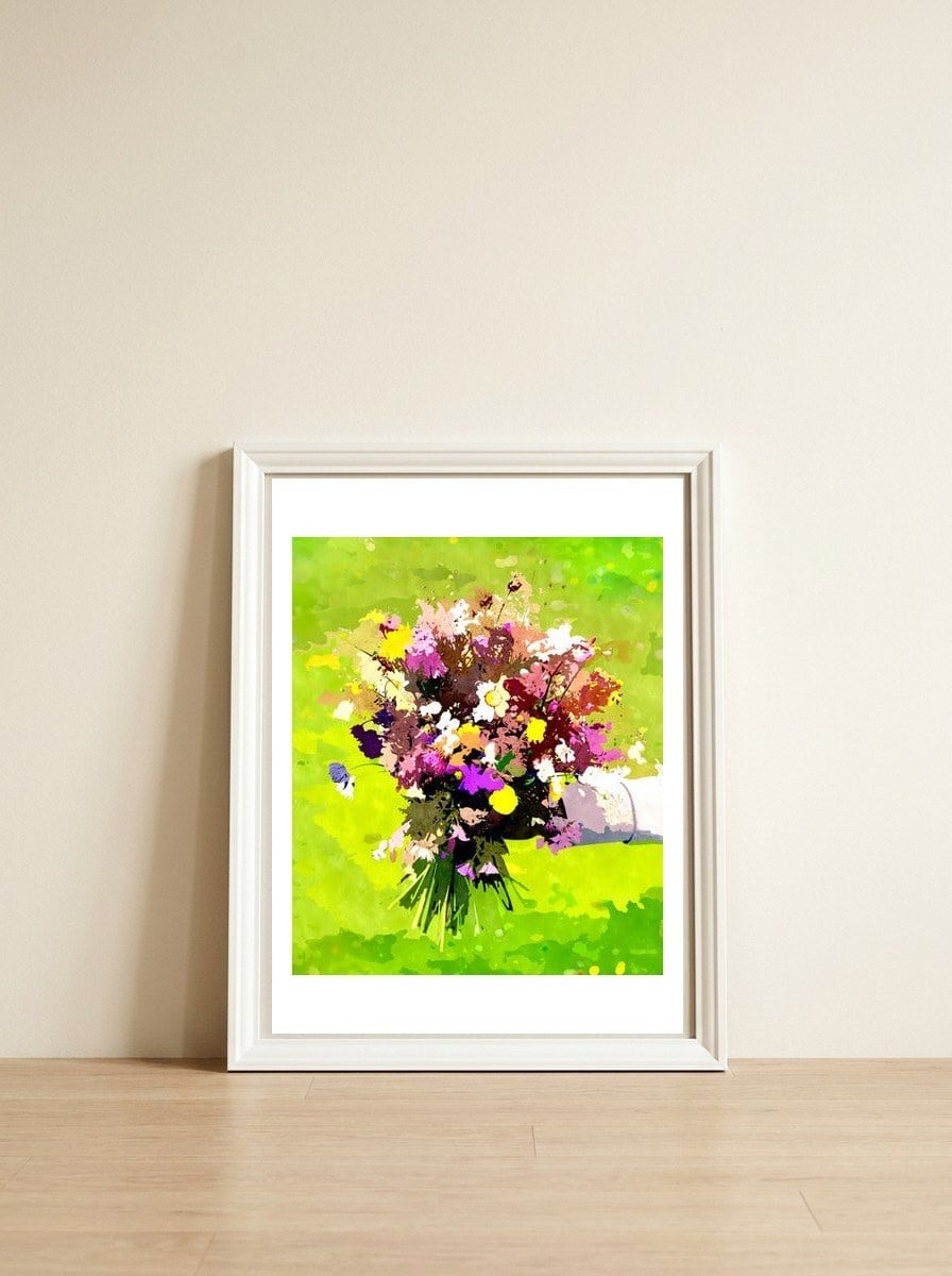 Flower Bearer — framed, leaning against the wall