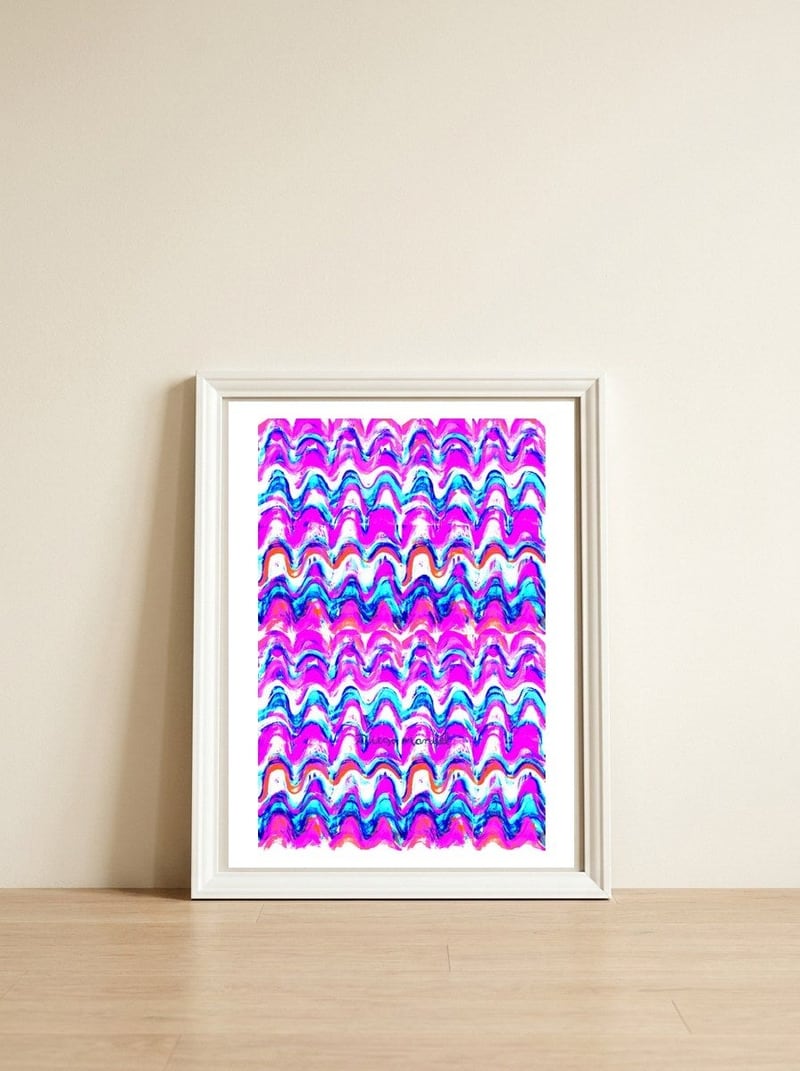 Pop abstract color full — framed, leaning against the wall