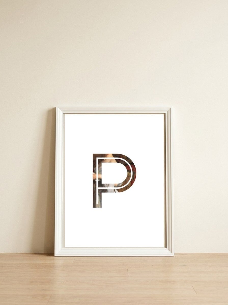 Letter P - (Impress) — framed, leaning against the wall