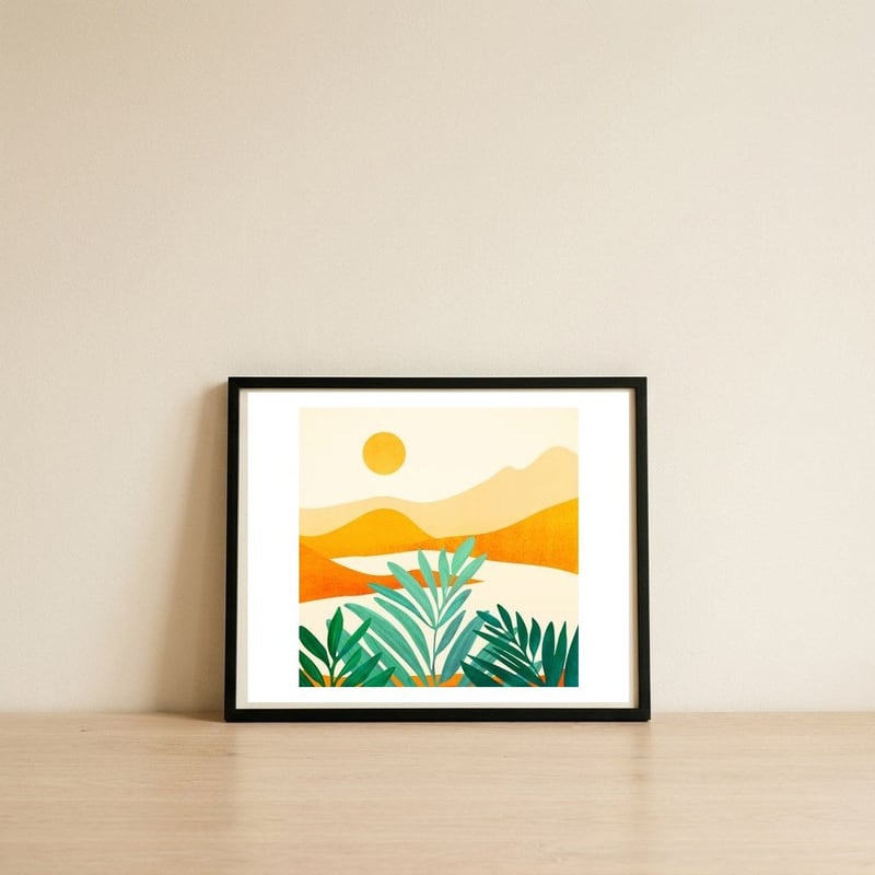 Golden Alpine Sunset — framed, leaning against the wall