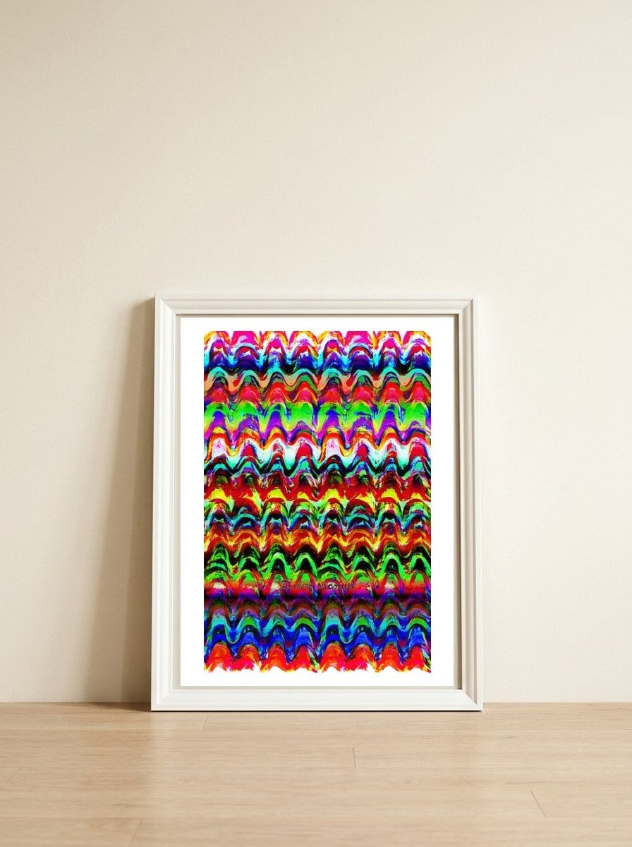 Pop abstract color full — framed, leaning against the wall