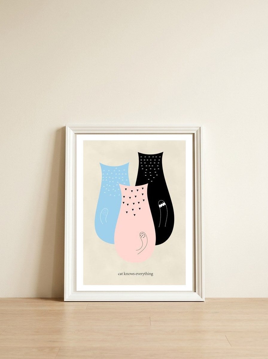 cat knows everything — framed, leaning against the wall