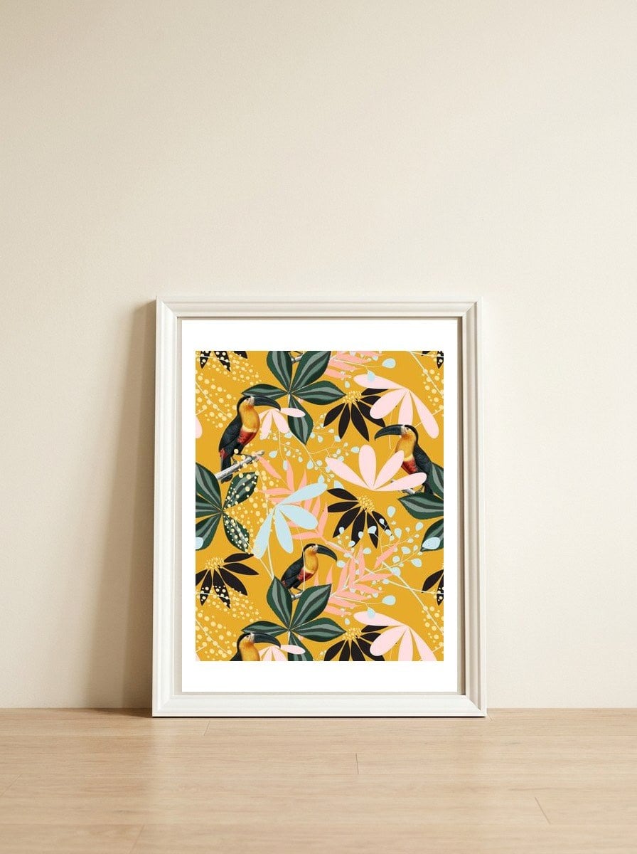 Tropical Toucan Garden — framed, leaning against the wall