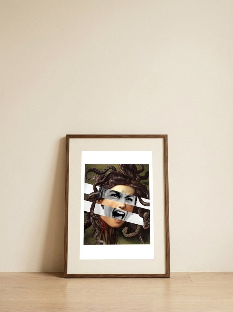 Caravaggio's Medusa & Psycho — framed, leaning against the wall