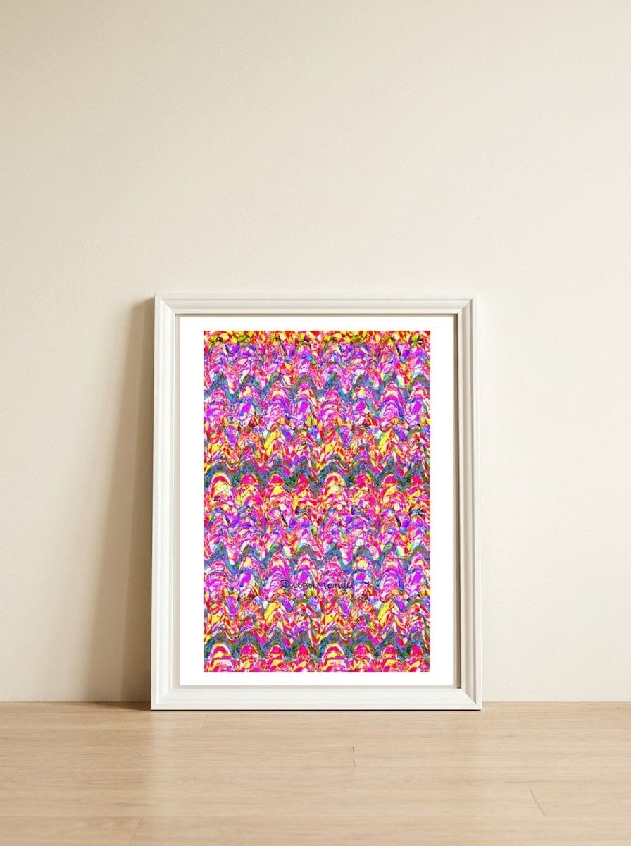 Pop abstract color full — framed, leaning against the wall