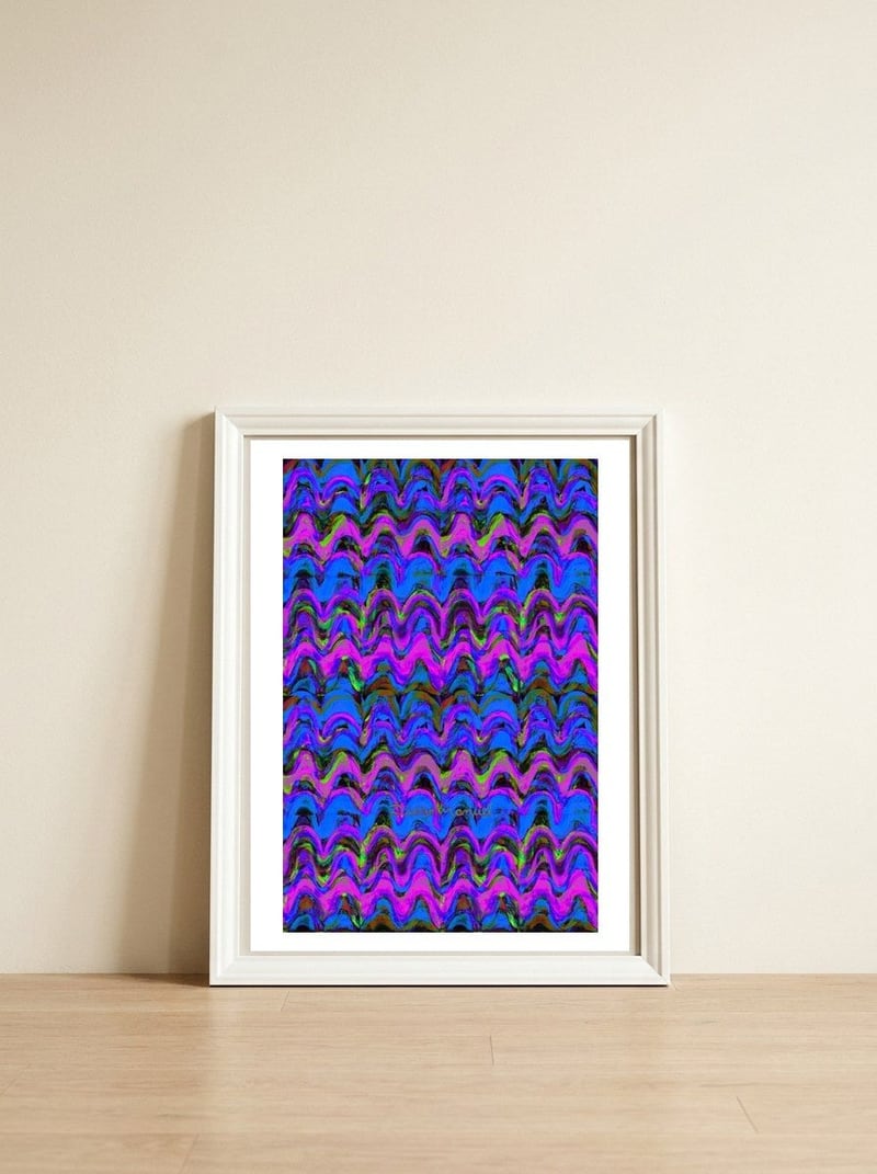 Pop abstract color full — framed, leaning against the wall