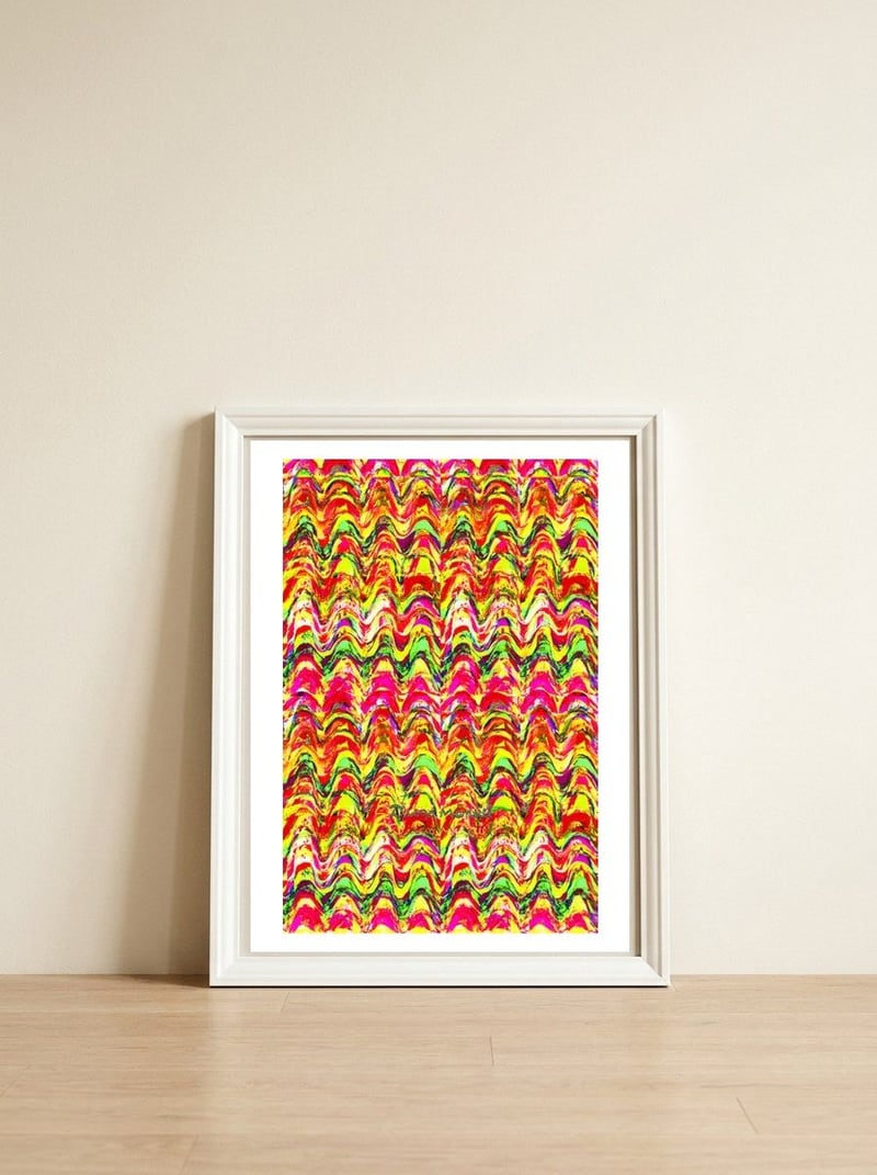 Pop abstract color full — framed, leaning against the wall