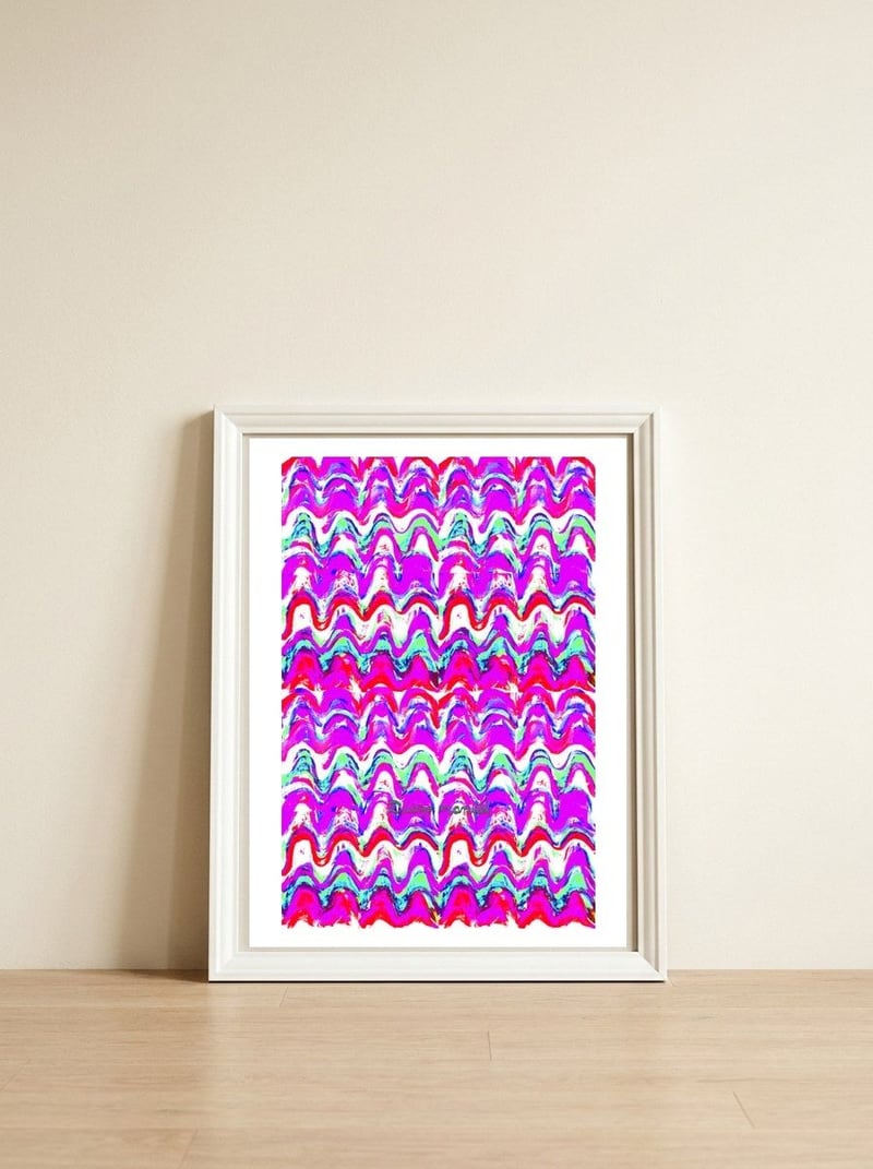 Pop abstract color full — framed, leaning against the wall