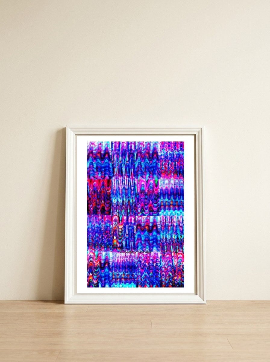 Pop abstract color full — framed, leaning against the wall