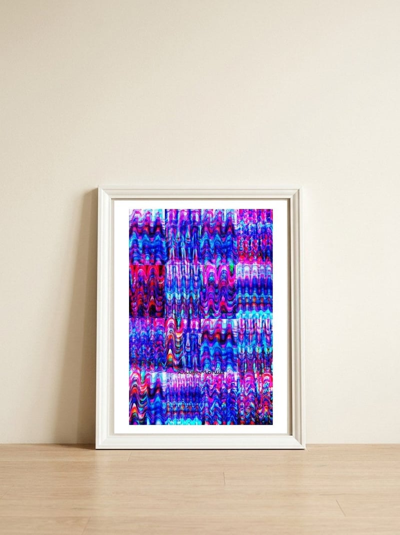 Pop abstract color full — framed, leaning against the wall