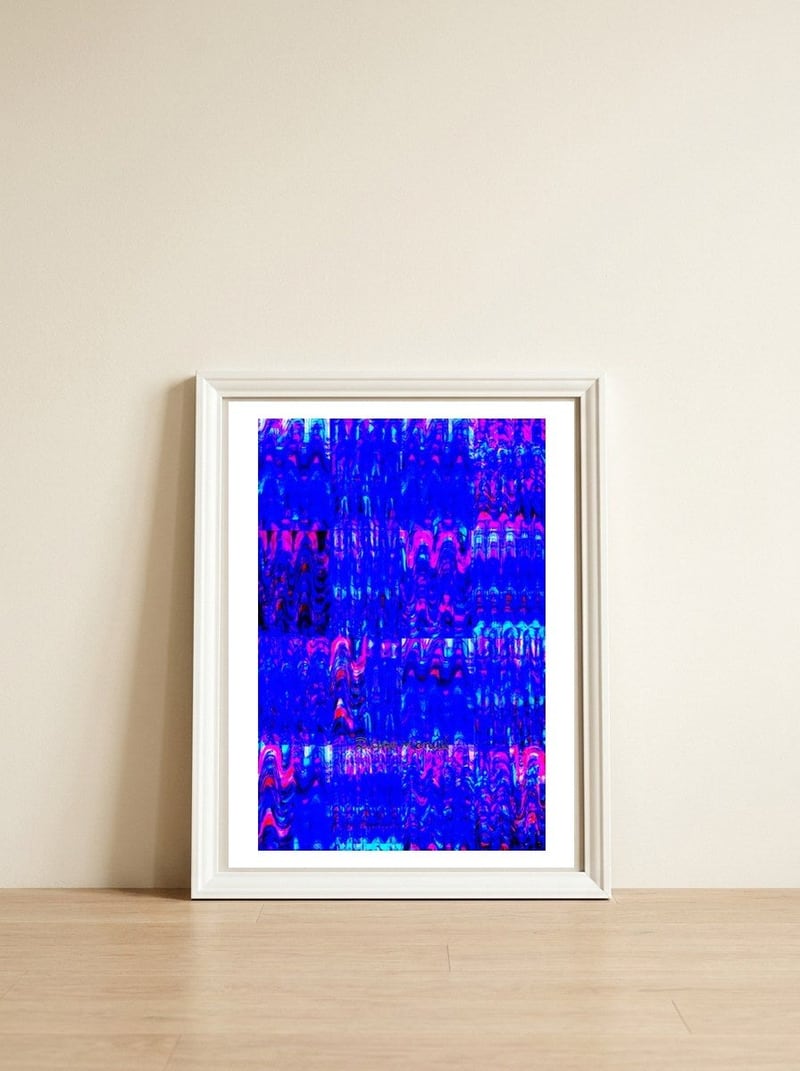 Pop abstract color full — framed, leaning against the wall