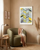Colorful Concrete Chevron Pattern - Yellow, Blue, Grey framed in a tender room thumbnail
