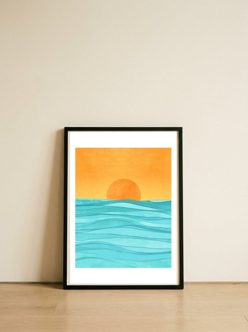 Coastal Sunset — framed, leaning against the wall