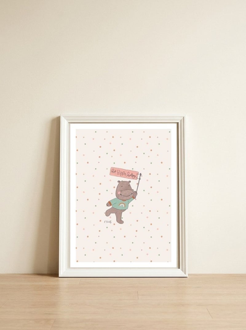 Hip Hippo Hooray — framed, leaning against the wall