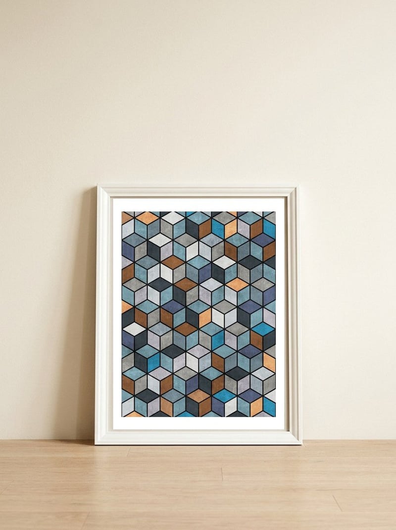 Colorful Concrete Cubes - Blue, Grey, Brown — framed, leaning against the wall