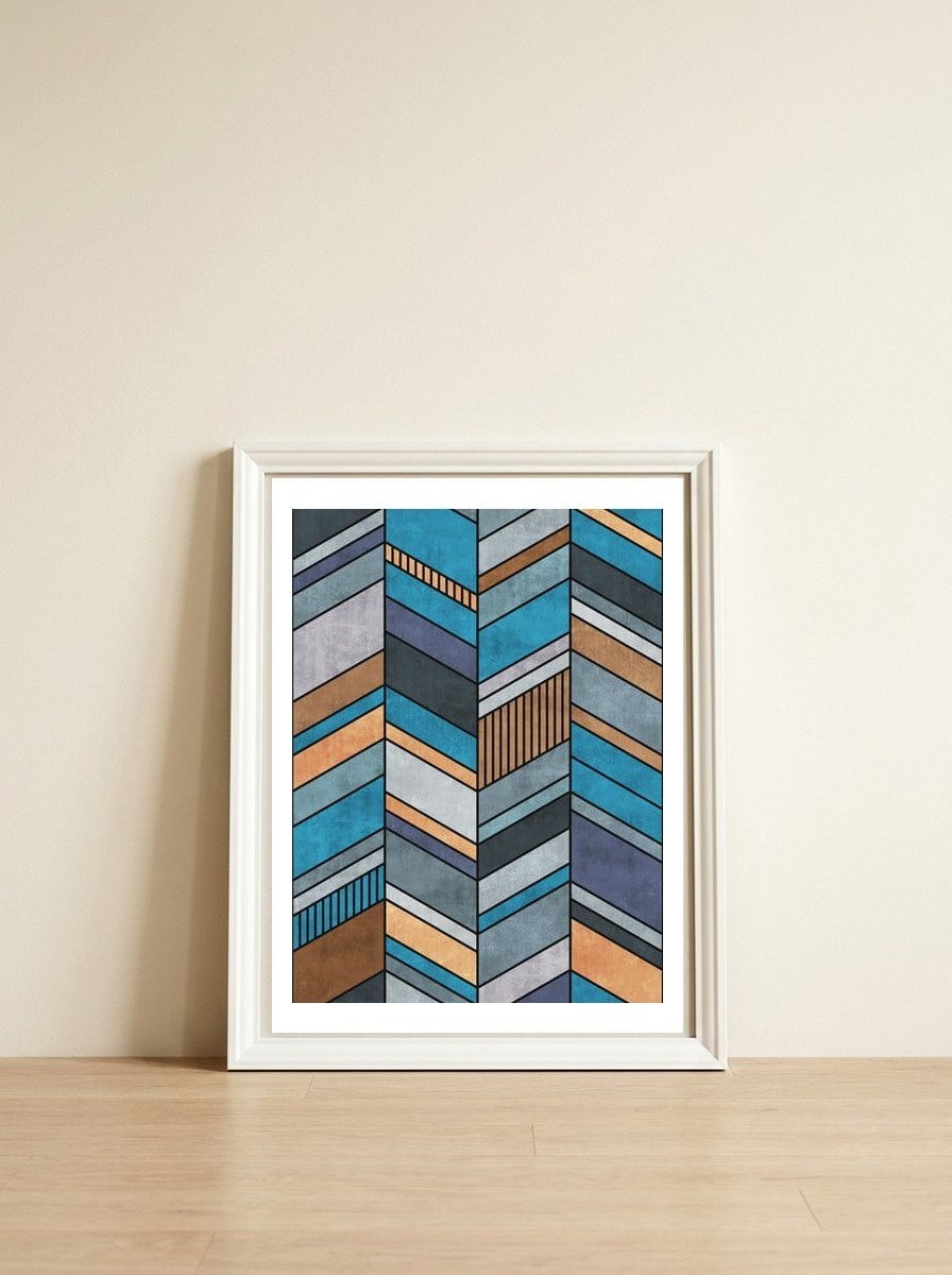 Colorful Concrete Chevron Pattern - Blue, Grey, Brown — framed, leaning against the wall