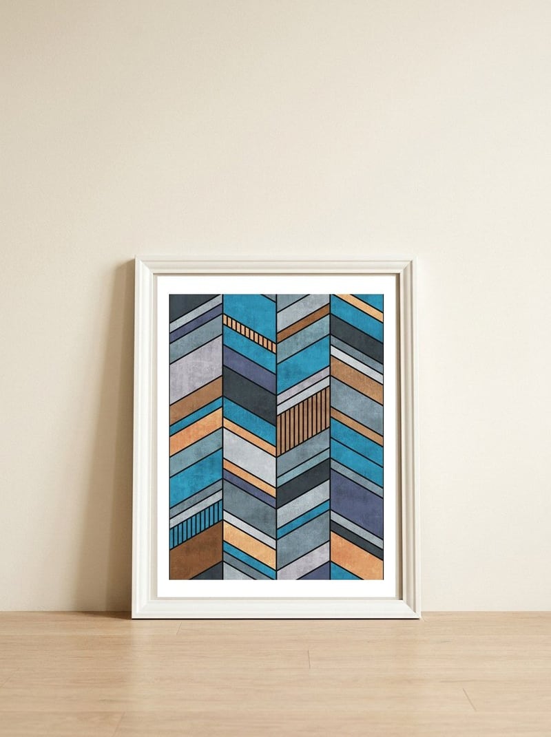 Colorful Concrete Chevron Pattern - Blue, Grey, Brown — framed, leaning against the wall