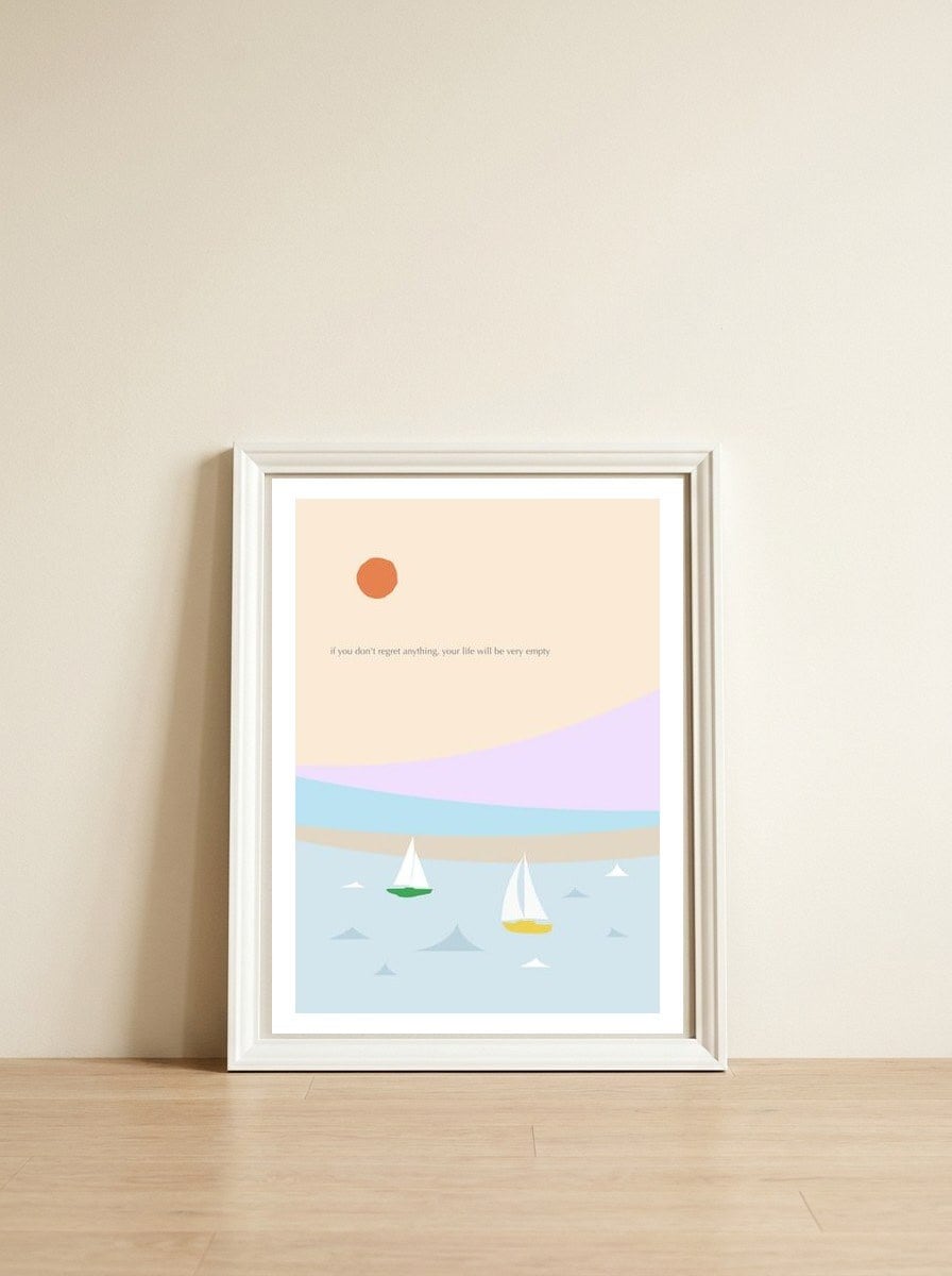 sailboat in the sunset ocean — framed, leaning against the wall