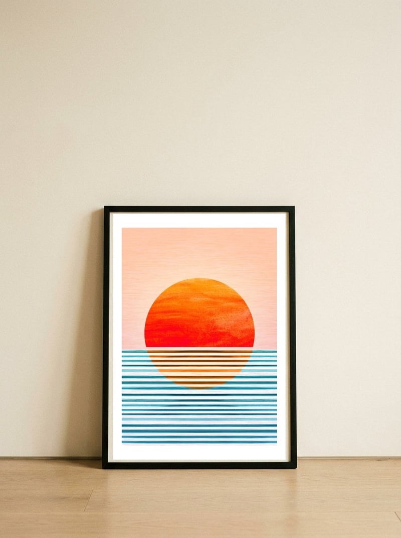 Geometric Minimalist Sunset — framed, leaning against the wall