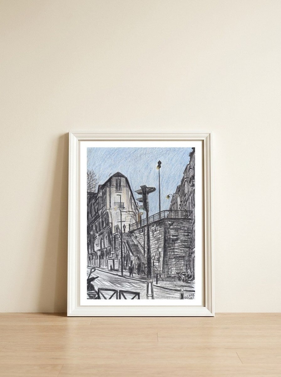 Cold afternoon on Artist Street in Paris — framed, leaning against the wall