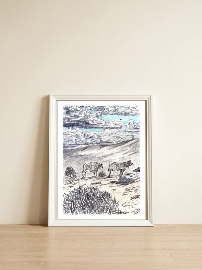 Clouds And Cattles — framed, leaning against the wall