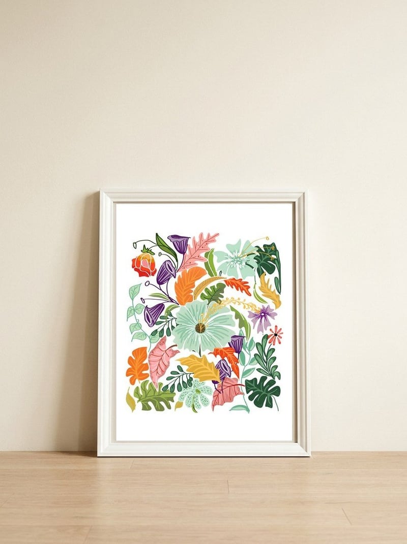 Hello Tropical — framed, leaning against the wall