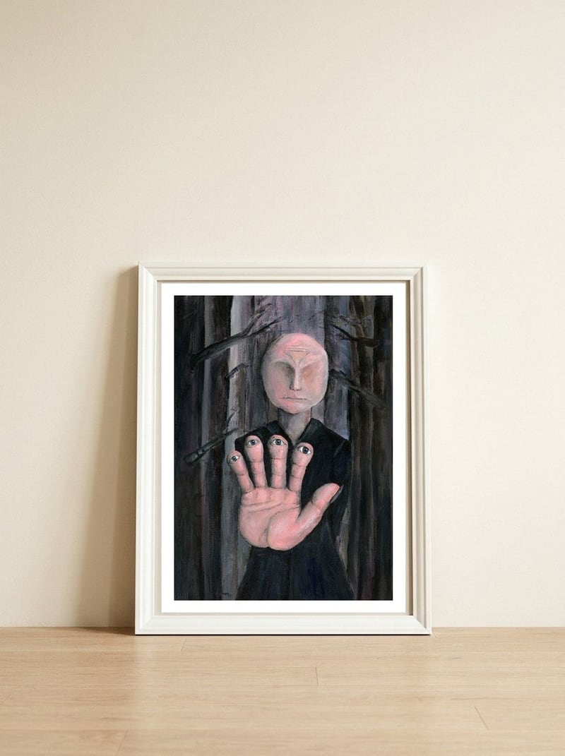 The blind seer — framed, leaning against the wall
