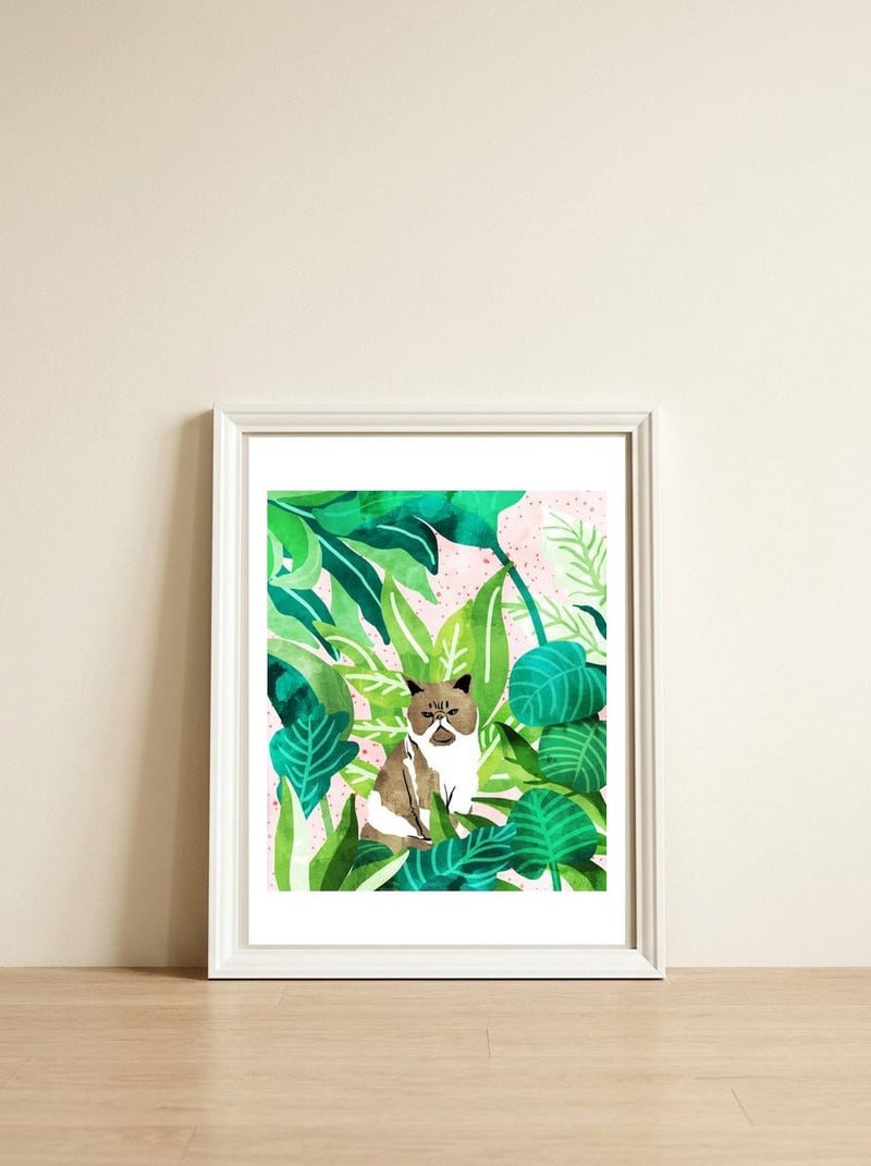 Tropical Glam Cat — framed, leaning against the wall