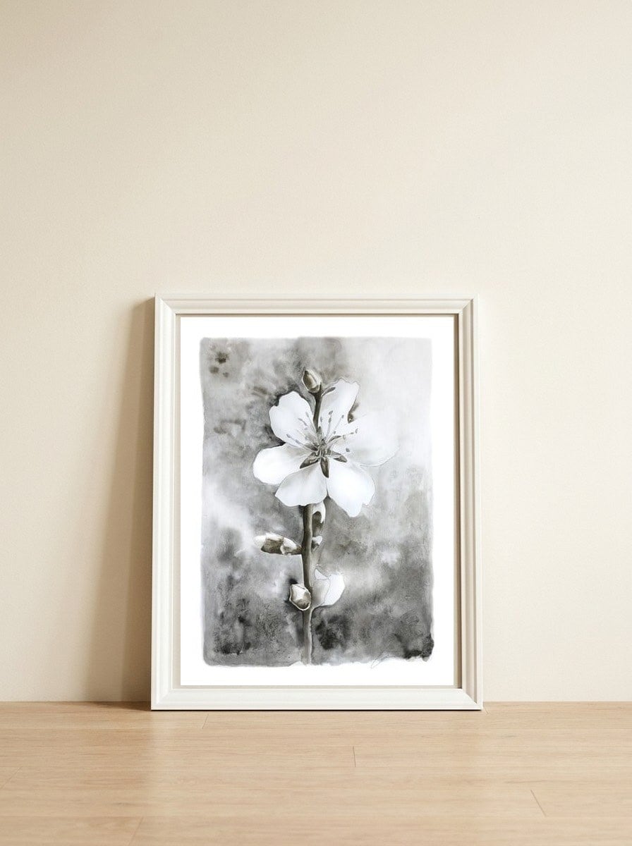 White flower — framed, leaning against the wall