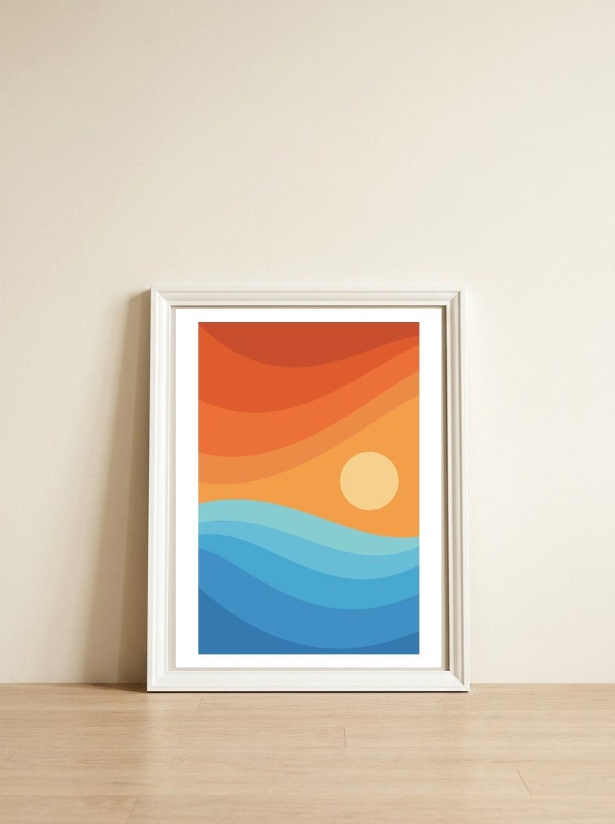 Colorful abstract landscape — framed, leaning against the wall