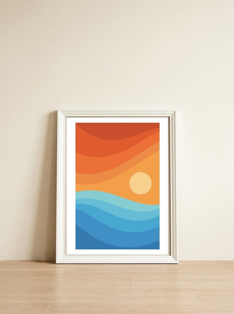 Colorful abstract landscape — framed, leaning against the wall