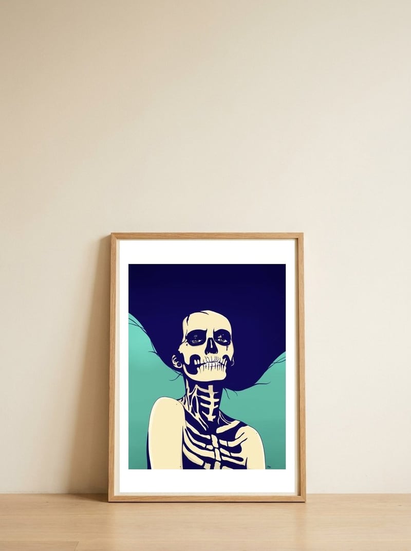 Día de las Muertas — framed, leaning against the wall