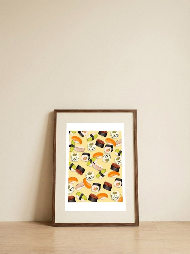 Sushi Party — framed, leaning against the wall