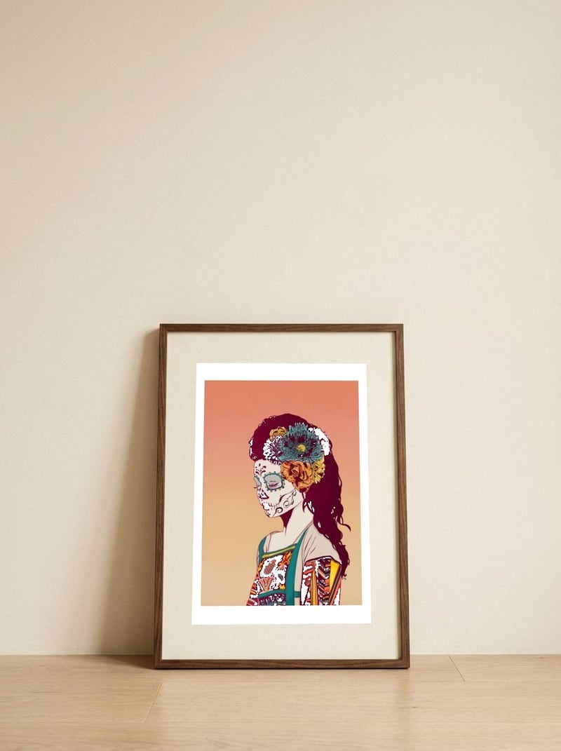 Mexican Skull Lady — framed, leaning against the wall