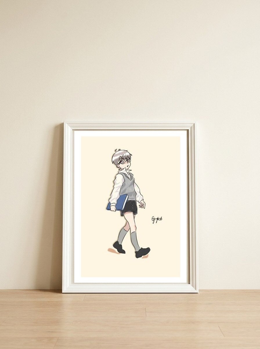 School boy — framed, leaning against the wall