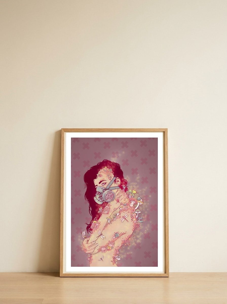 Biohazard Lady — framed, leaning against the wall