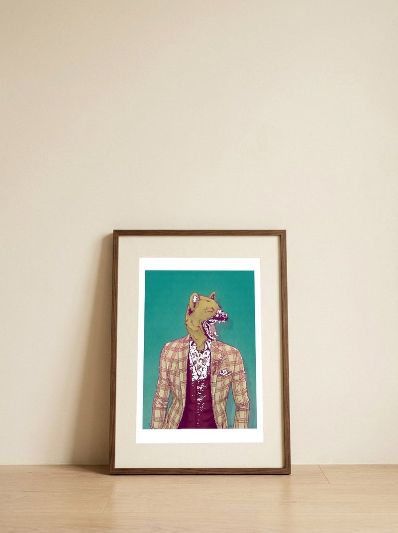 Elwood The Hyena — framed, leaning against the wall