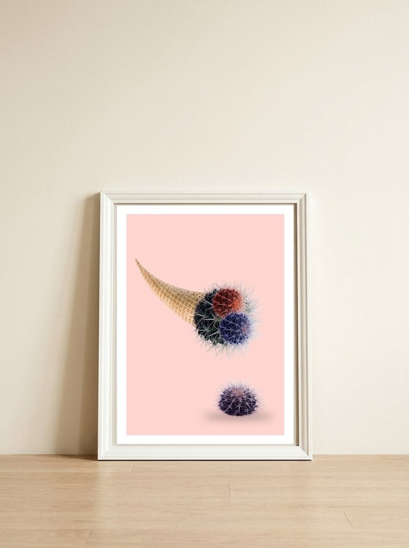 Cactus Cream 50x70 — framed, leaning against the wall