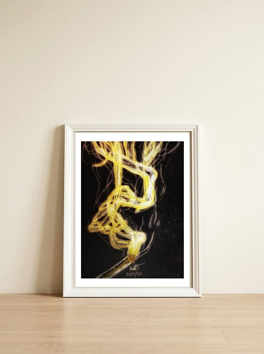 Wisp — framed, leaning against the wall