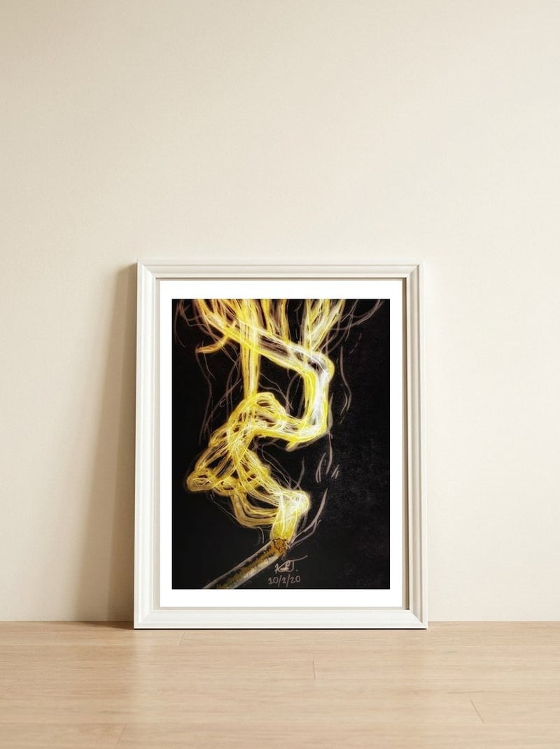 Wisp — framed, leaning against the wall