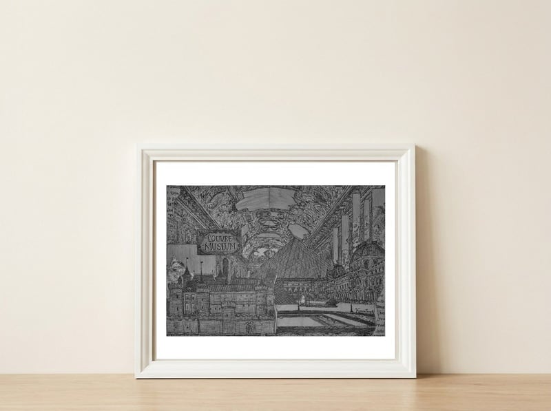 Louvre Museum B&W — framed, leaning against the wall
