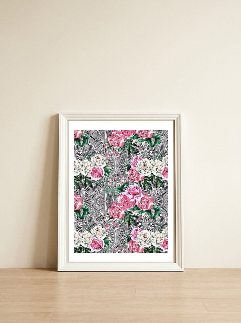 Flowery on linear mosaic — framed, leaning against the wall