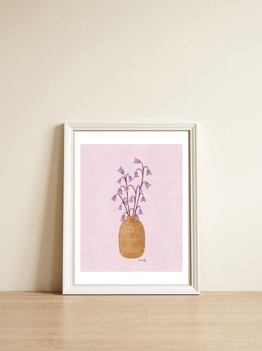 Purple Harebells — framed, leaning against the wall