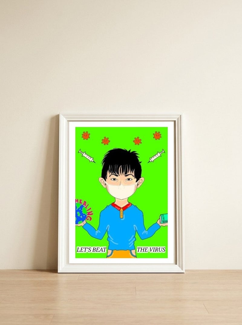 Let's Beat the Virus — framed, leaning against the wall