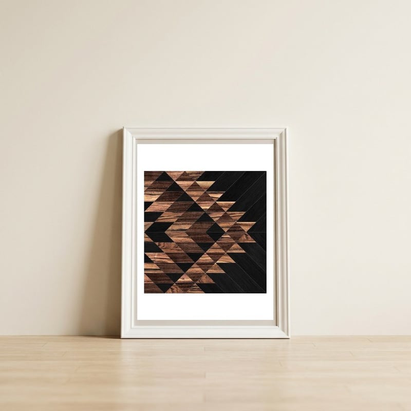 Urban Tribal Pattern No.11 - Aztec - Wood — framed, leaning against the wall