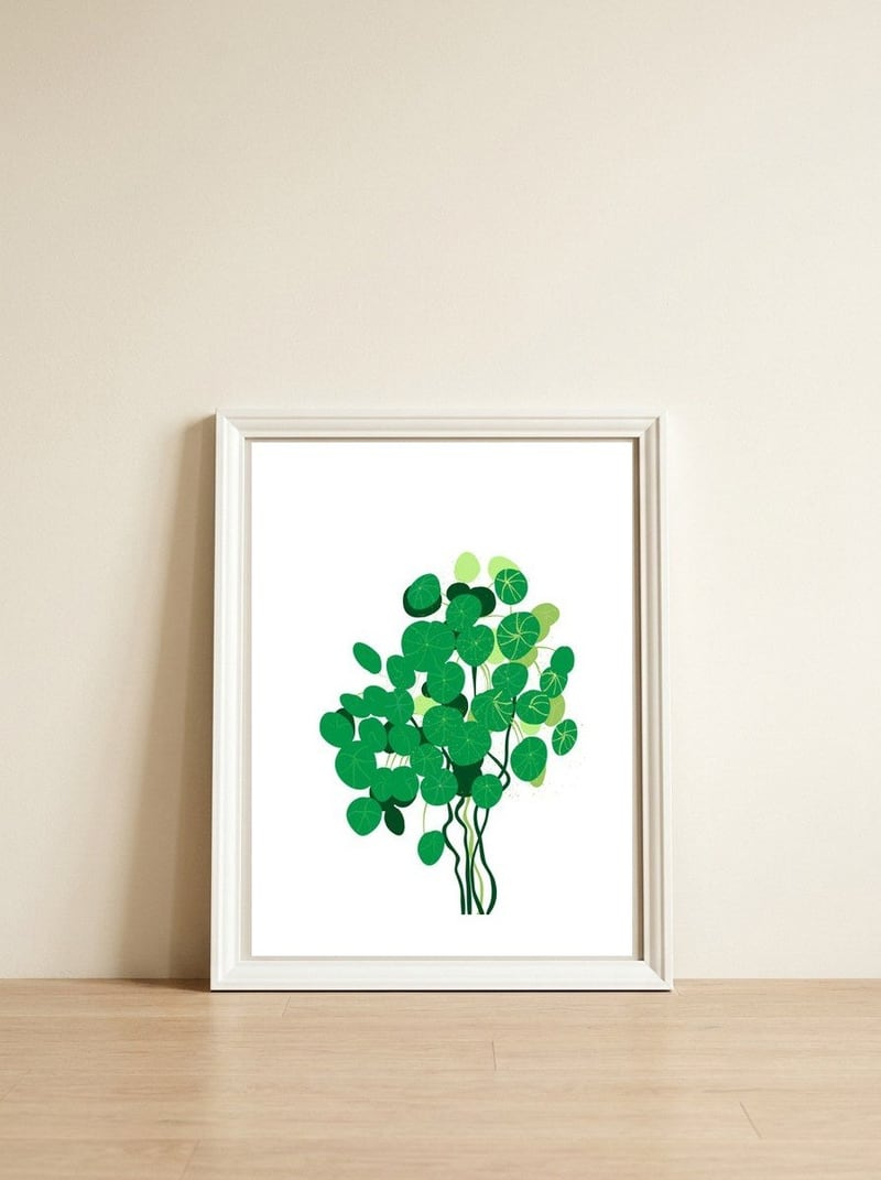 Pilea — framed, leaning against the wall