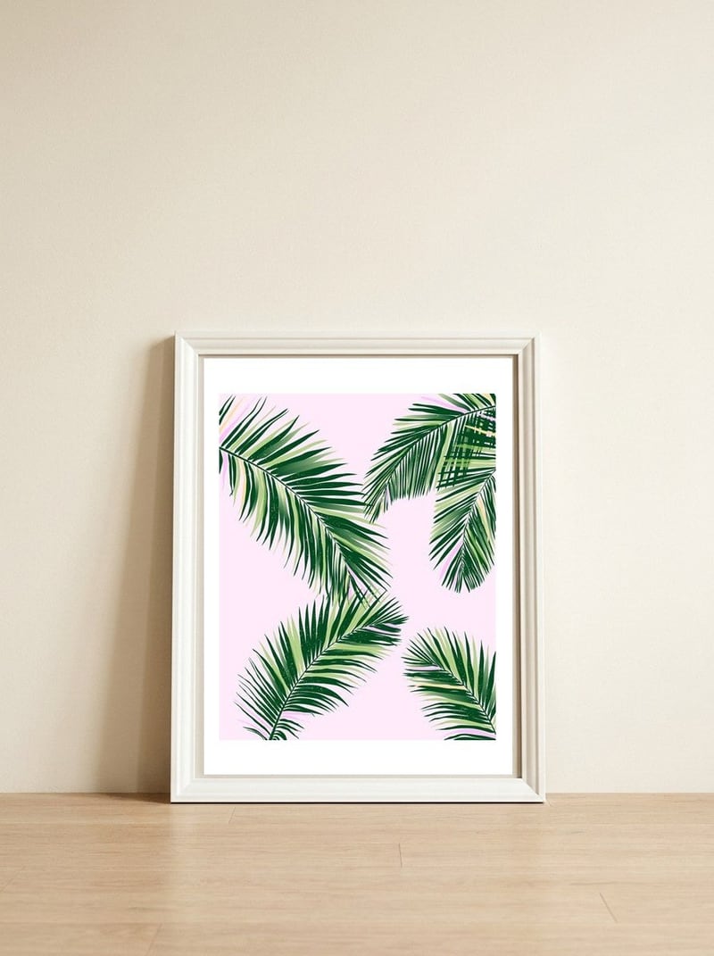 Palmfrond — framed, leaning against the wall