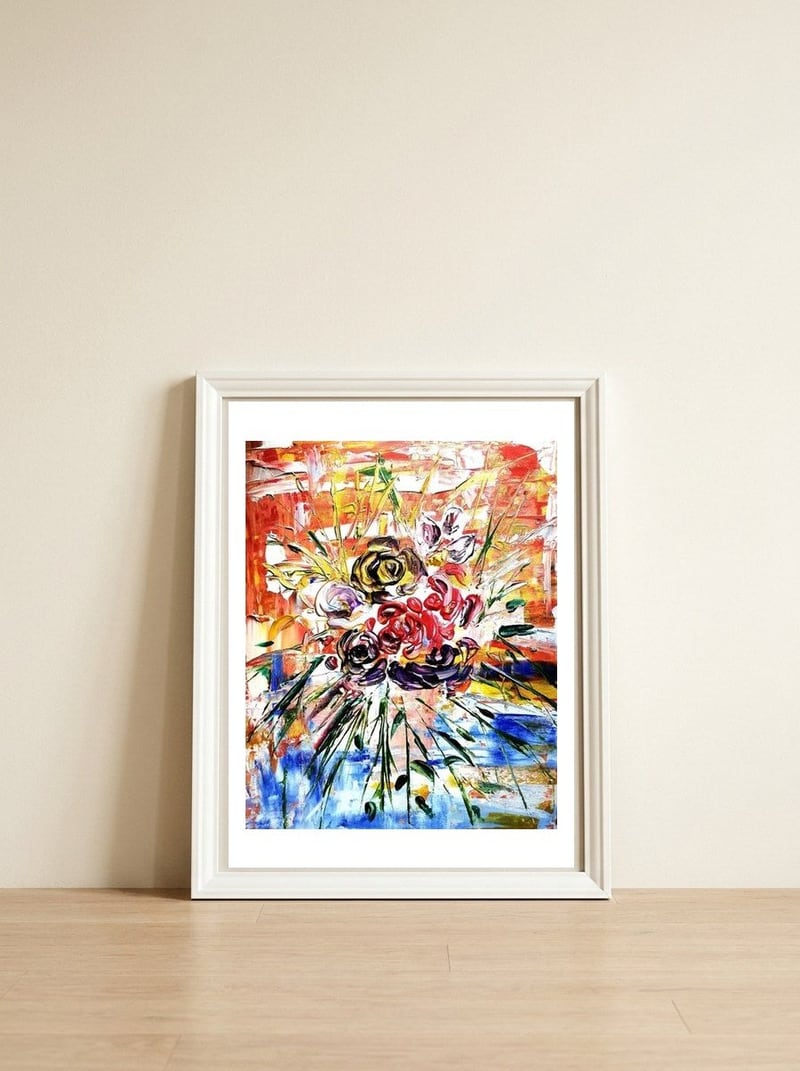 Blooming — framed, leaning against the wall