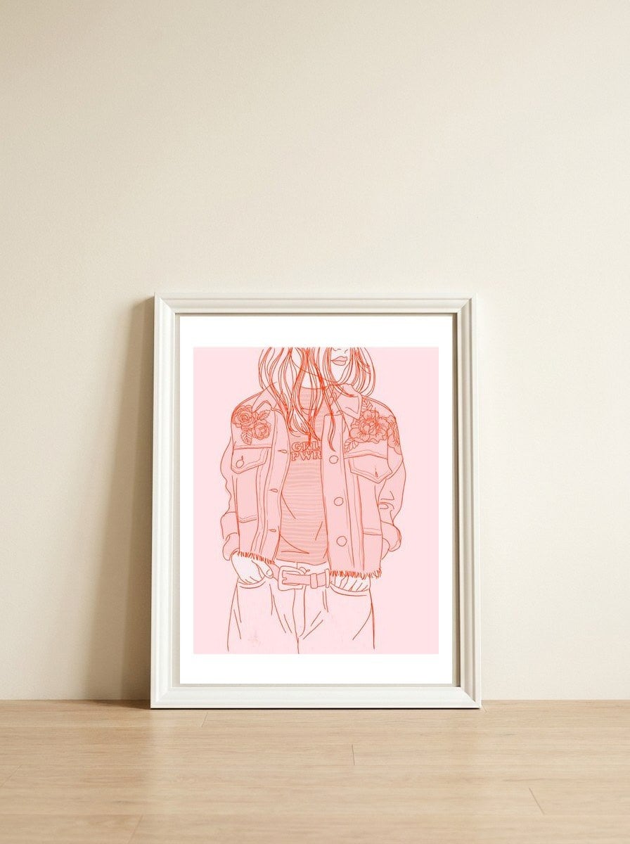 Pink Jeans Jacket — framed, leaning against the wall